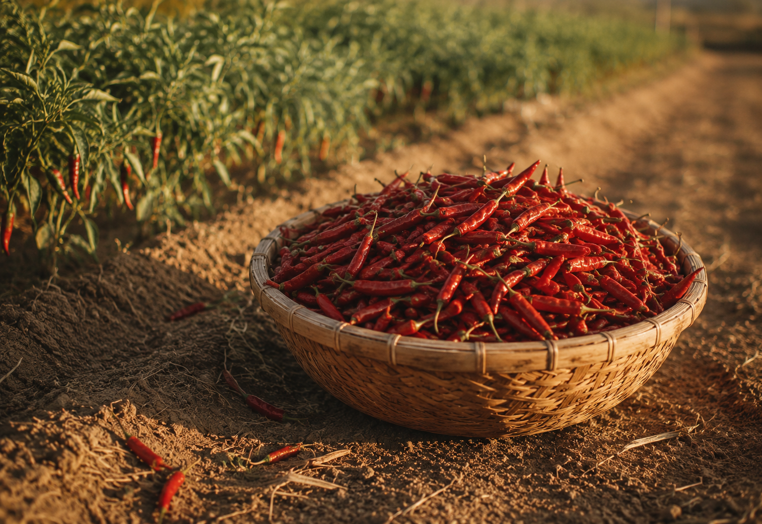 A basket of harvested red chillies at the edge of a field