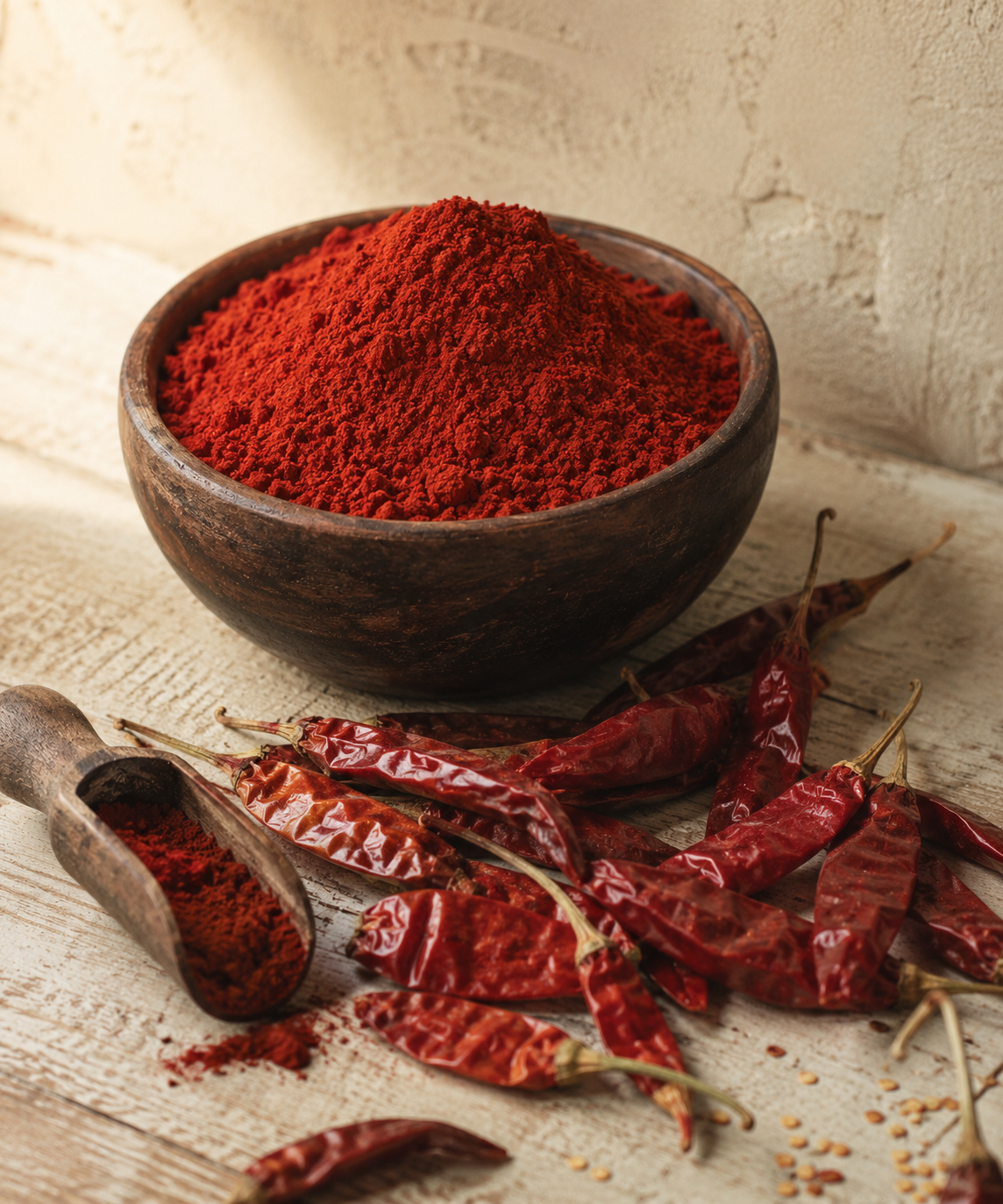 Ground red chilli powder in a wooden bowl with dried chillies