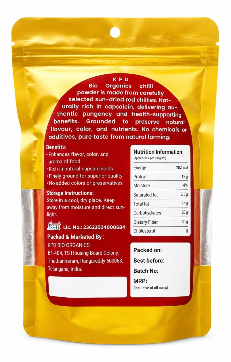 Reverse of the KPD Bio Organics chilli powder pouch showing the nutrition panel