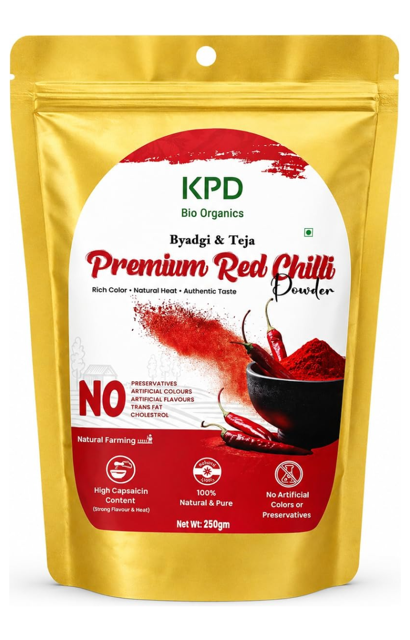 KPD Bio Organics Byadgi and Teja red chilli powder 250 g pouch