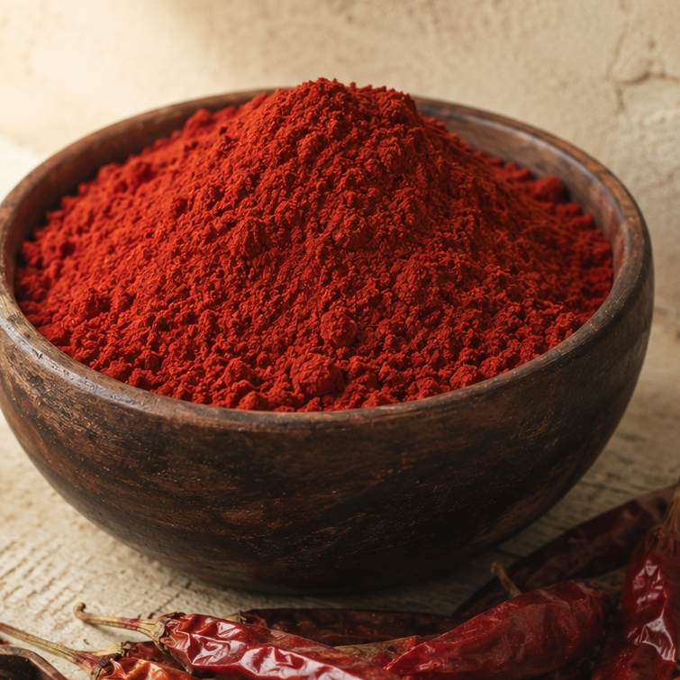 Red chilli powder in a wooden bowl with dried chillies