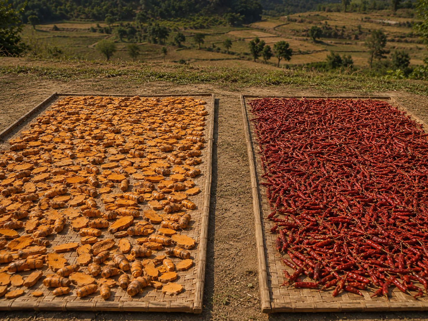 Sliced turmeric and whole red chillies drying on separate bamboo mats above terraced fields