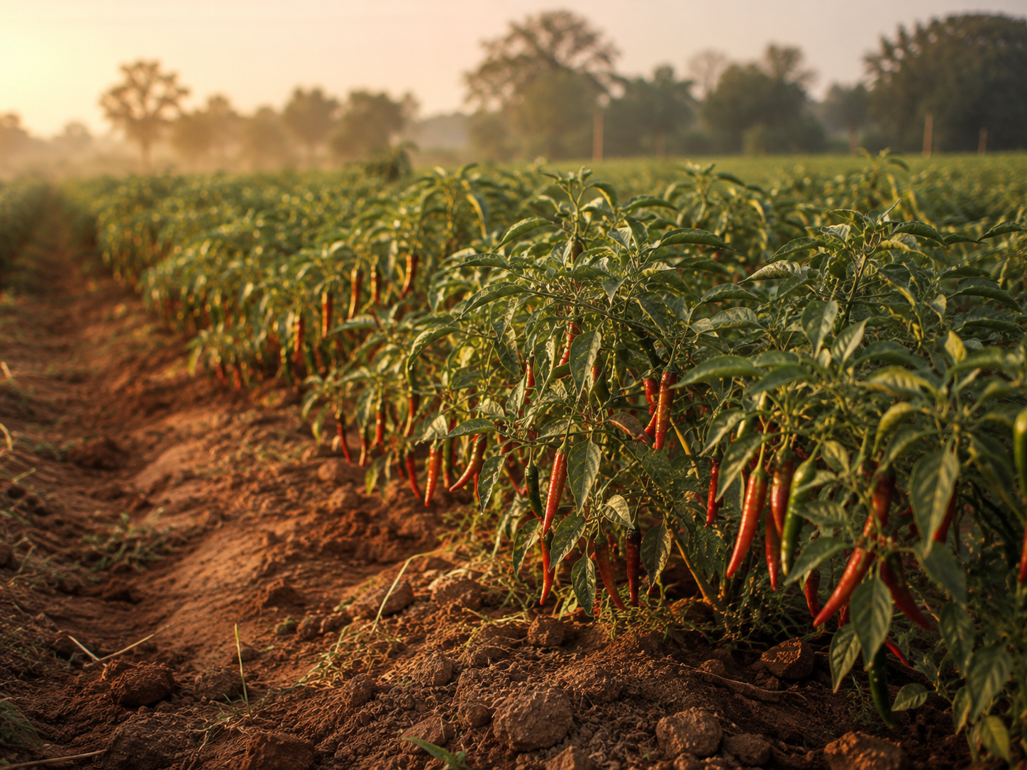 Rows of ripening red chillies in a field at sunrise