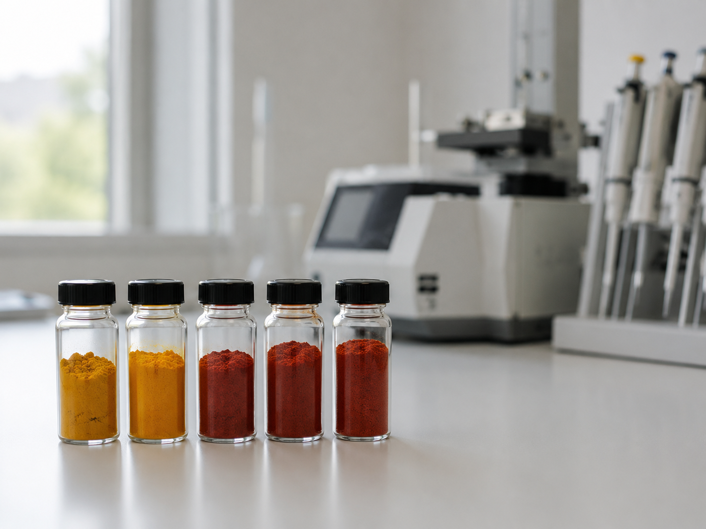 Sealed sample vials of turmeric and chilli powder on a laboratory bench
