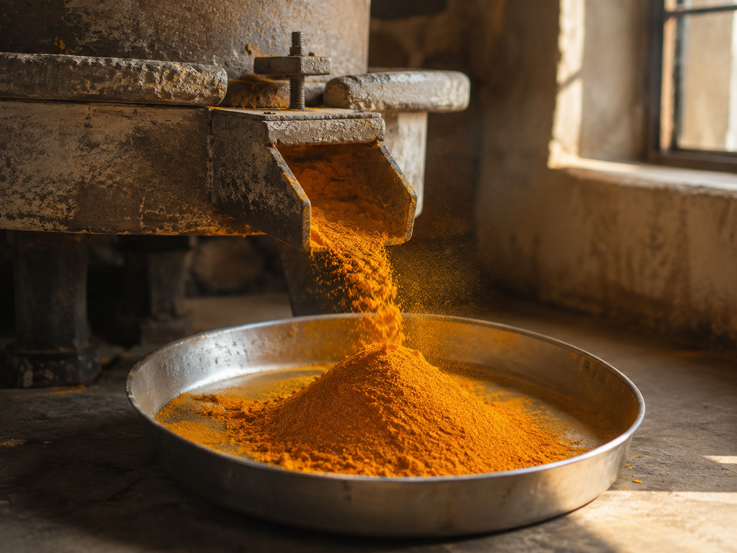 Freshly milled turmeric falling from a stone mill into a steel tray