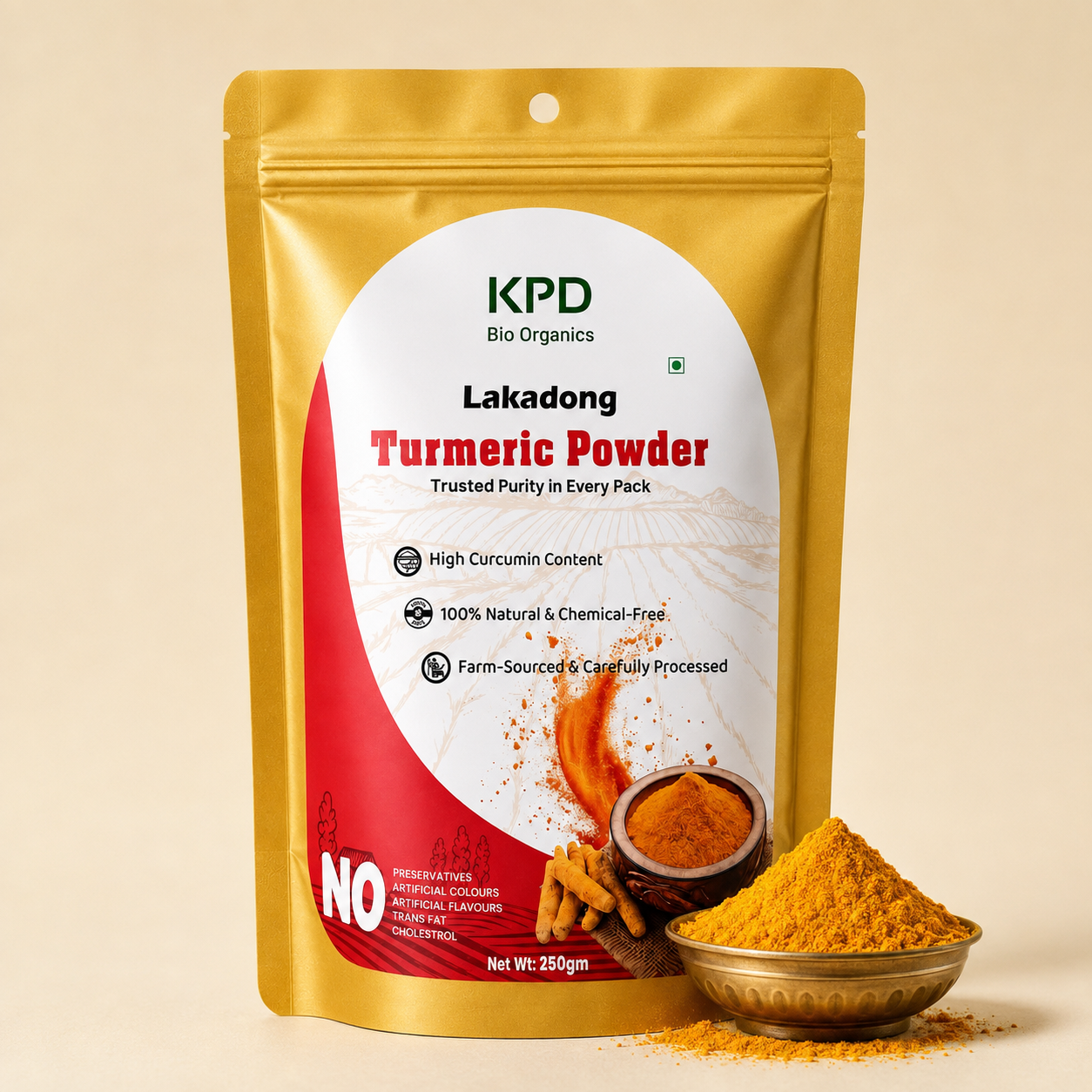 KPD Bio Organics Lakadong turmeric powder pouch beside a brass bowl heaped with turmeric