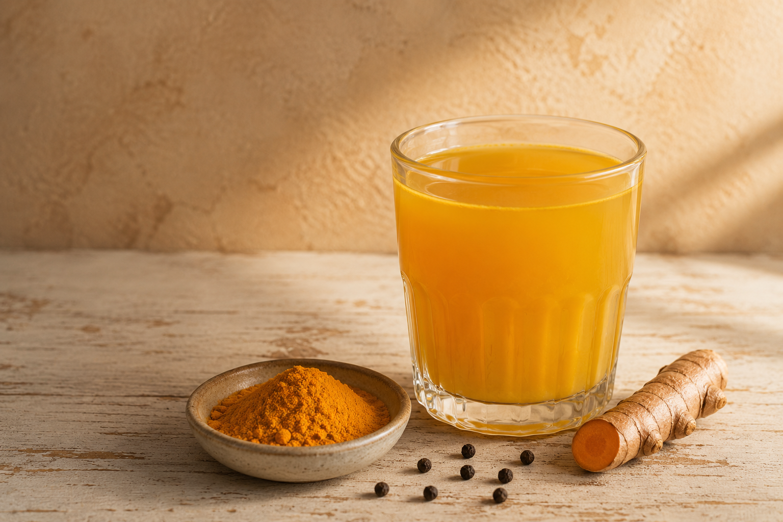 A glass of turmeric milk beside a dish of ground turmeric and black peppercorns