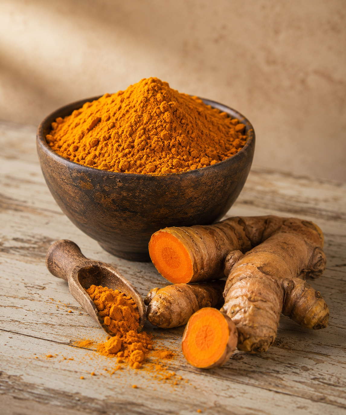 Ground Lakadong turmeric in a dark wooden bowl with fresh sliced rhizome