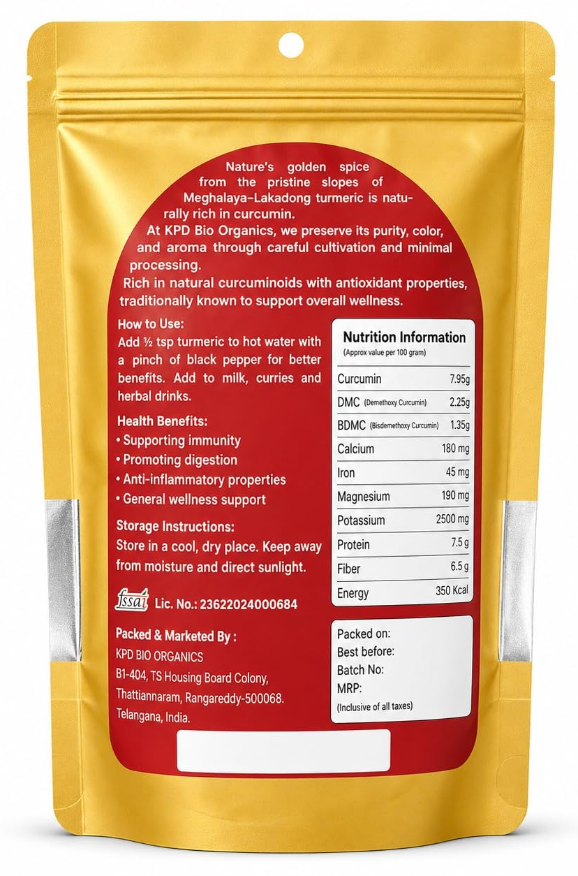 Reverse of the KPD Bio Organics turmeric pouch showing the nutrition panel